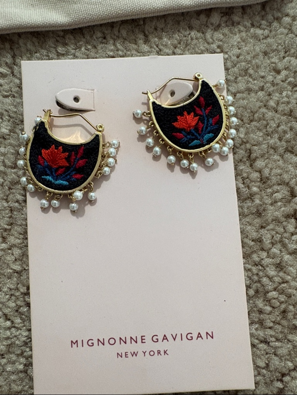 Mignonne Gavigan Black Embroidered Floral Hoop Earrings with Pearl Fringe